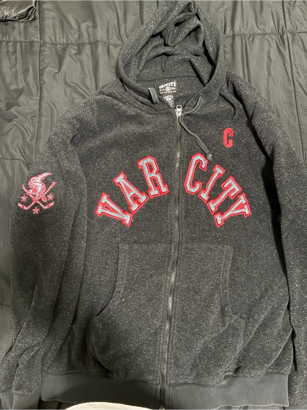 90’ Vintage VarCity Men's Black Zip-Up Hoodie with Red Appliqué